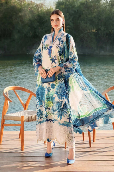White & Blue Printed Lawn Suit With Embroidered Neck And Dupatta