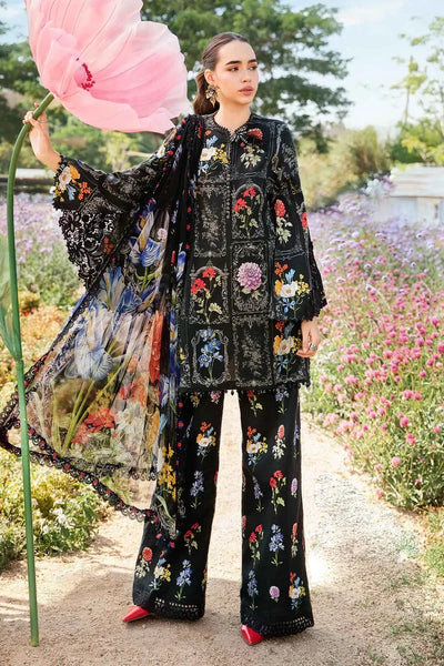 Black Printed Lawn Suit With Embroidered Neck And Chiffon Dupatta
