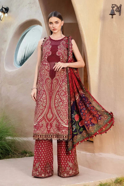 Maroon Printed Lawn Suit With Embroidered Neck And Silk Dupatta