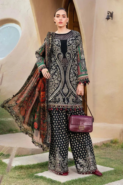 Black Printed Lawn Suit With Embroidered Neck And Silk Dupatta