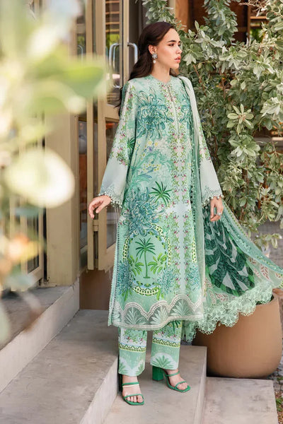  Green Printed Lawn Suit With Embroidered Neck And Chiffon Dupatta