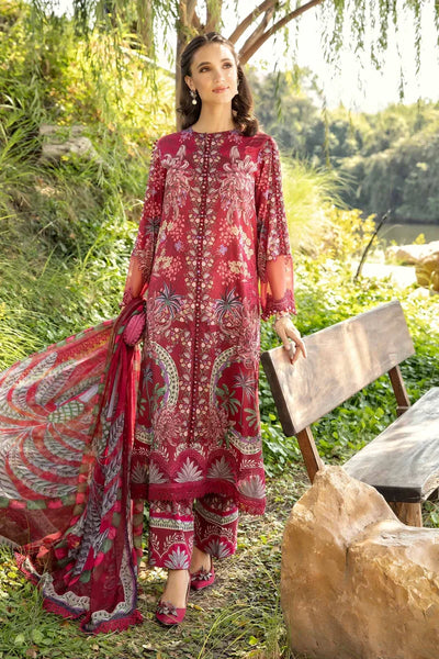 Maroon Printed Lawn Suit With Embroidered Neck And Chiffon Dupatta
