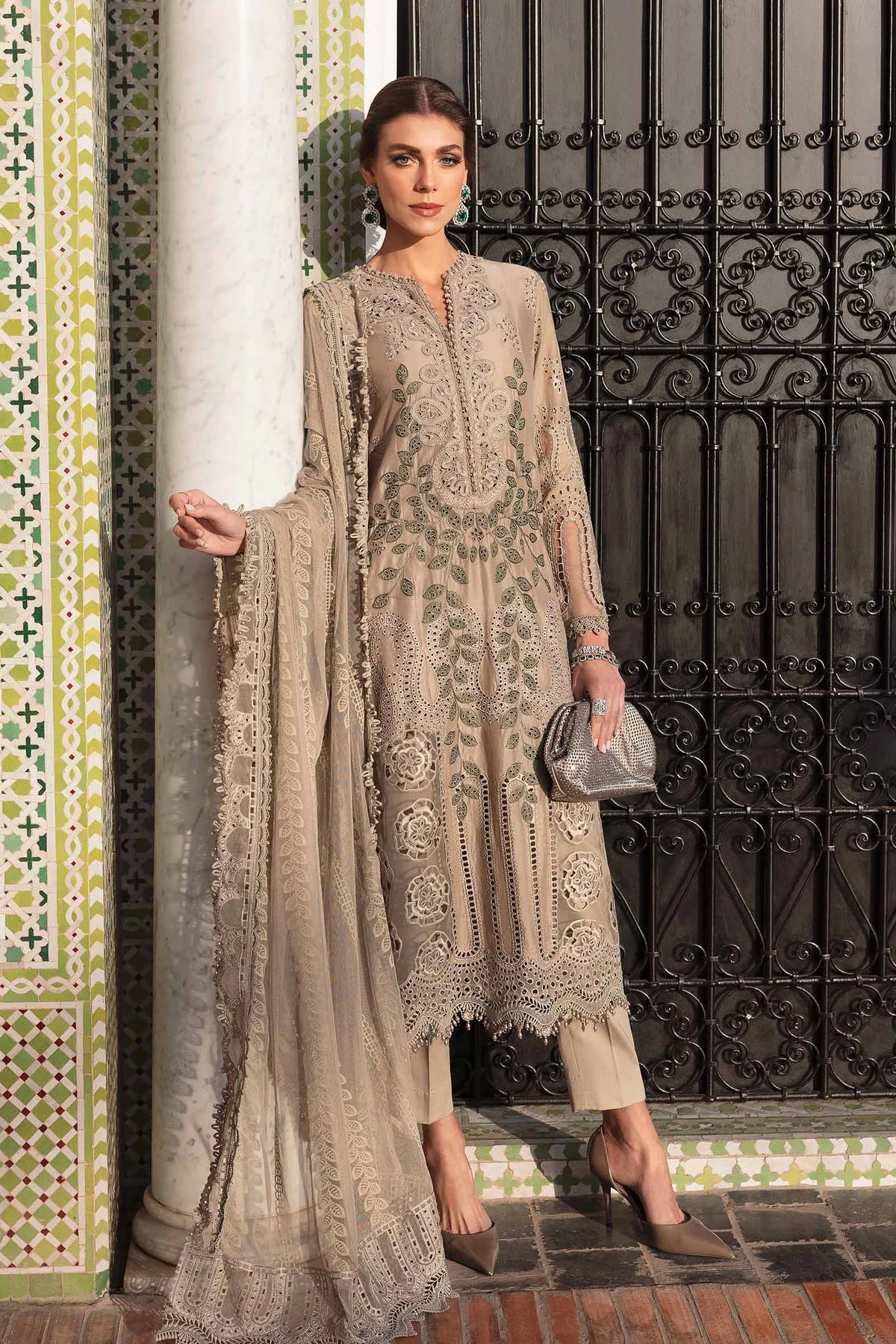 Coffee Embroidered Paper Cotton 3Pc Suit With Organza Dupatta