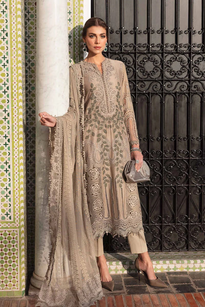 Coffee Embroidered Paper Cotton 3Pc Suit With Organza Dupatta