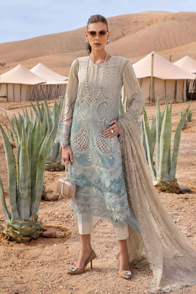Beige & Sea Green Embroidered Paper Cotton 3Pc Suit