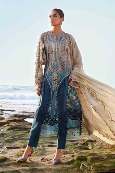 Beige & Teal Blue 3 Piece Embroidered Lawn Suit