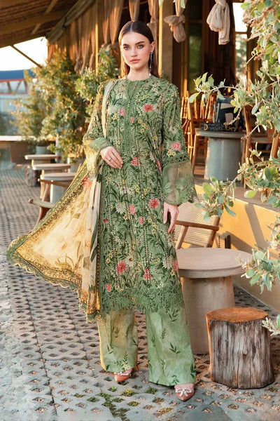 Olive Green Printed Lawn Suit With Embroidered Neck And Dupatta