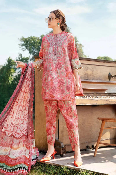 Pink Printed Lawn Suit With Embroidered Neck And Chiffon Dupatta