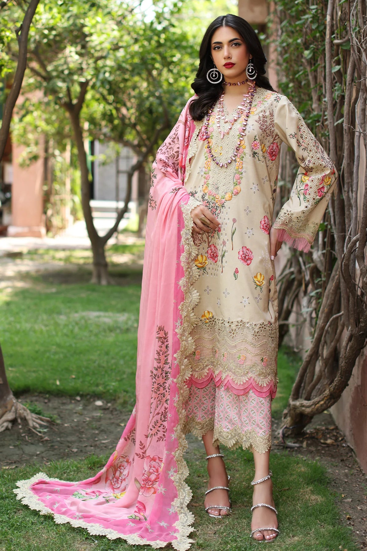 Warm Beige & Pink Printed Lawn Suit With Embroidered Chiffon Dupatta