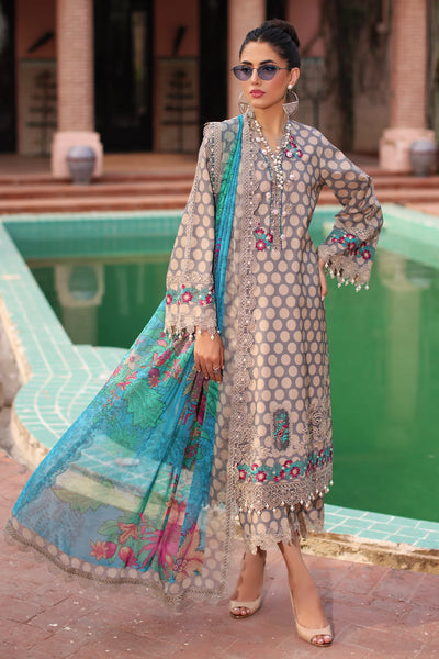 Taupe Grey Printed Lawn Suit With Embroidered Chiffon Dupatta