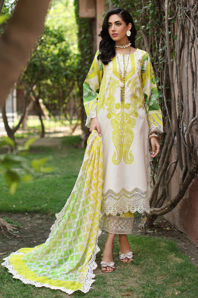 Lemon Yellow Printed Lawn Suit With Embroidered Chiffon Dupatta
