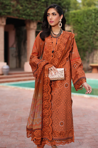 Rust Brown Printed Lawn Suit With Embroidered Chiffon Dupatta