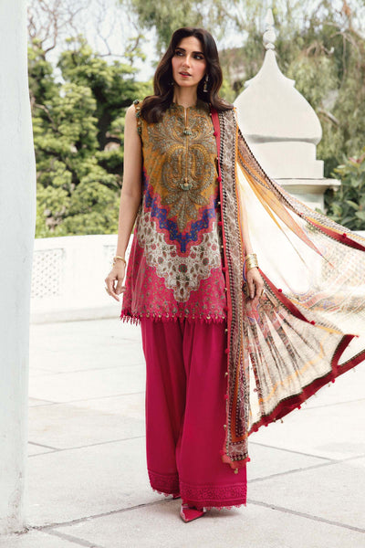 Mustard & Pink Printed 3-Pc Embroidered Cambric Suit