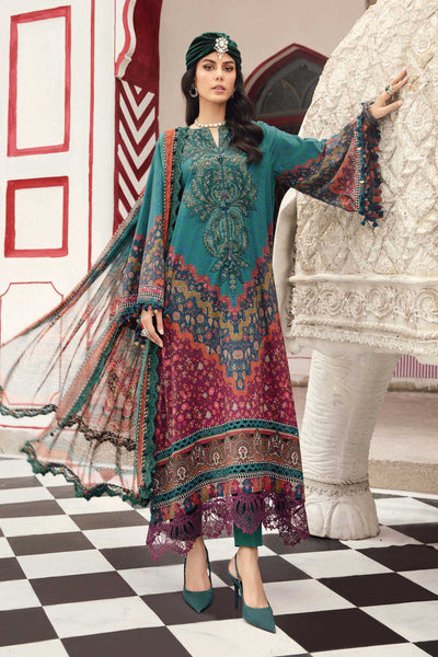 Teal Green Printed 3-Pc Embroidered Cambric Suit