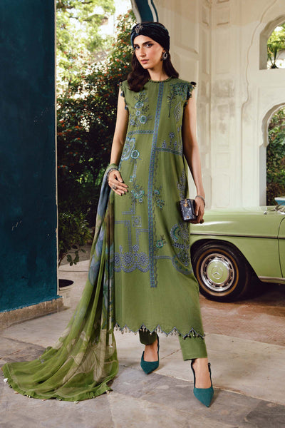 Olive Green Printed 3-Pc Embroidered Cambric Suit