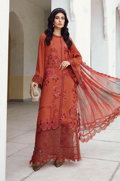 Rust Printed 3-Piece Embroidered Cambric Suit