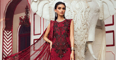 Red & Black Printed 3-Pc Embroidered Cambric Suit