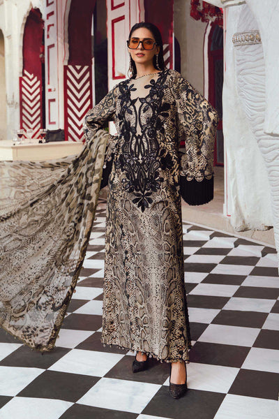 Beige & Black Printed 3-Pc Embroidered Cambric Suit