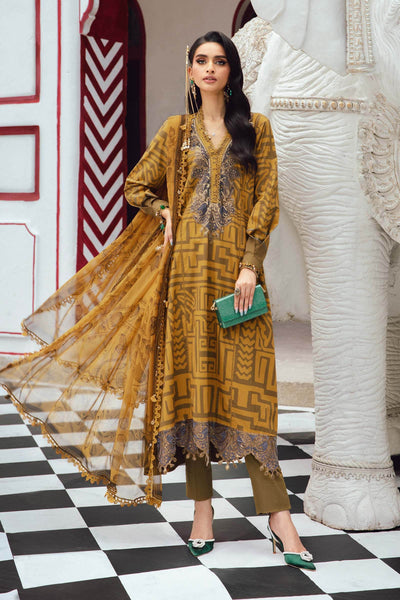 Mustard Printed 3-Piece Embroidered Cambric Suit
