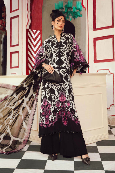 White & Black Printed 3-Pc Embroidered Cambric Suit