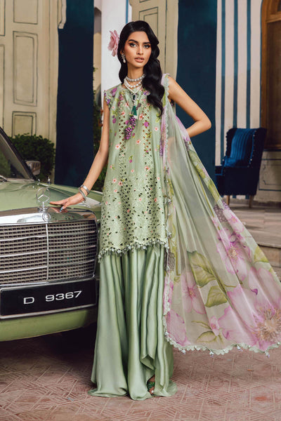 Pistachio Green Printed 3-Pc Embroidered Cambric Suit