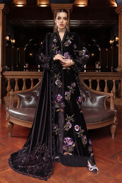 Black And Purple 3 Piece Embroidered Velvet Suit