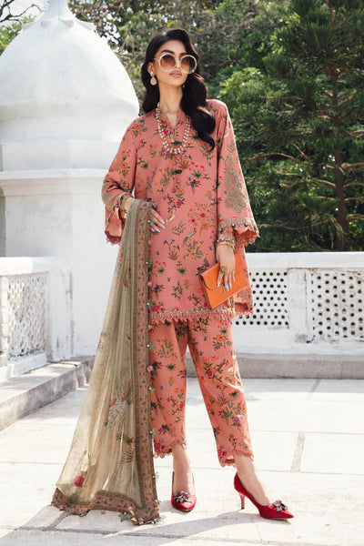 Peach Printed 3-Piece Embroidered Cambric Suit