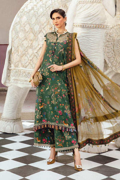 Bottle Green Printed 3-Pc Embroidered Cambric Suit