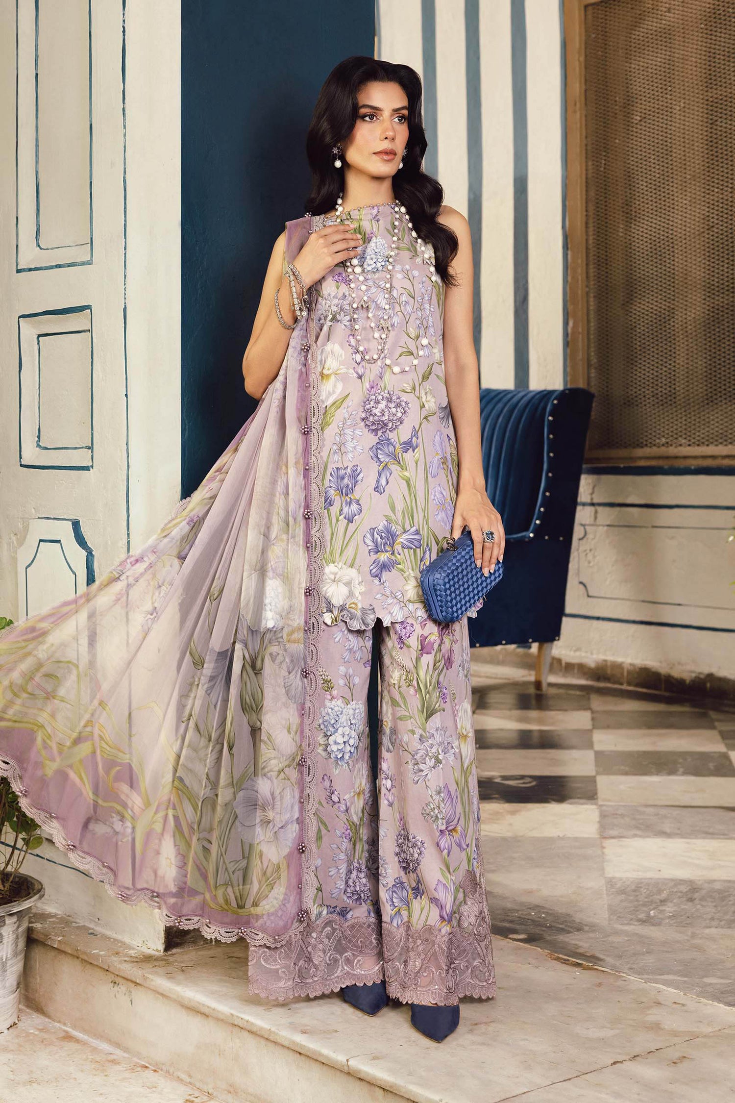 Lilac Grey Printed 3-Pc Embroidered Cambric Suit