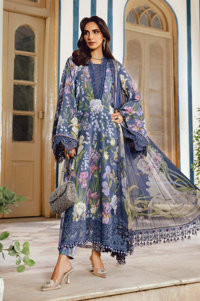 Slate Blue Printed 3-Pc Embroidered Cambric Suit