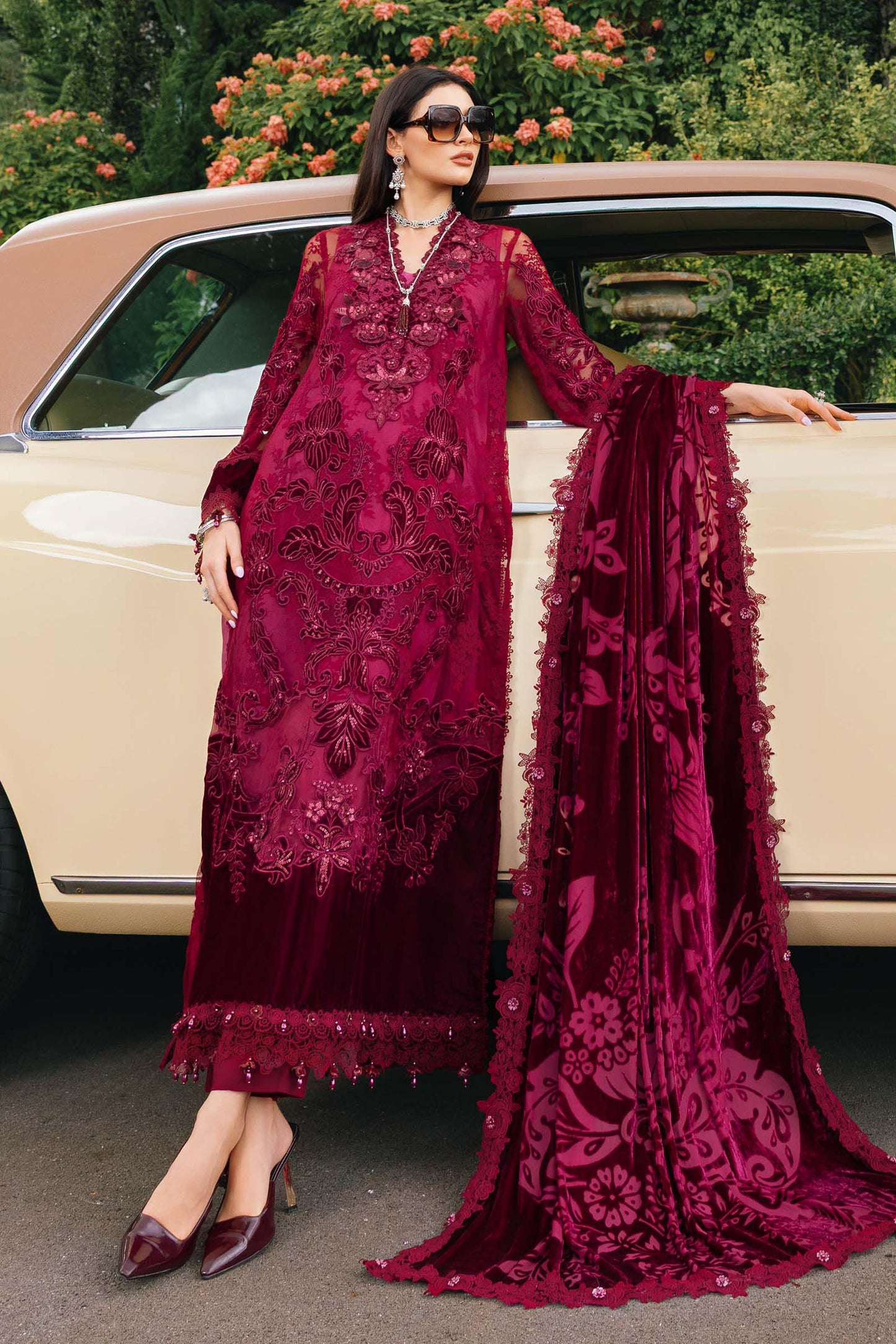 Shop MARIA B Winter Luxe 2025 WL-1308 | Elegant Maroon Winter Suit for Ladies  | Tayaba