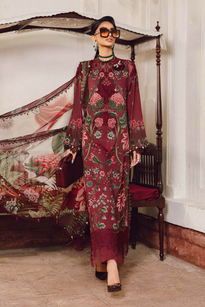 Maroon Printed 3-Piece Embroidered Cambric Suit