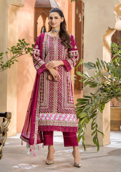 Deep Magenta Embroidered Lawn 3-Pc Suit With Rajjonet Dupatta