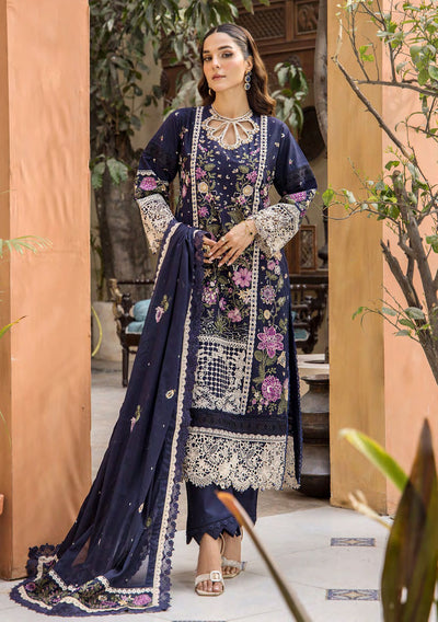 Navy Blue Embroidered Lawn 3-Pc Suit With Rajjonet Dupatta