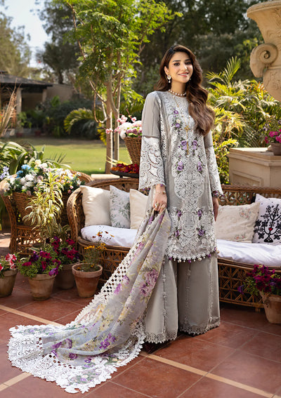Soft Dove Grey Embroidered Lawn 3-Piece Suit With Cotton Net Dupatta
