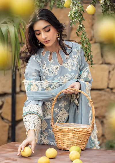 Powder Blue Embroidered Lawn 3-Piece Suit With Cotton Net Dupatta