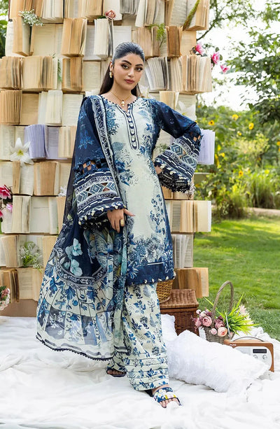 Ivory & Navy Floral Printed Lawn 3-Pc Suit With Chiffon Dupatta