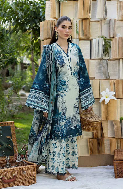 Ivory & Navy Floral Printed Lawn 3-Pc Suit With Chiffon Dupatta