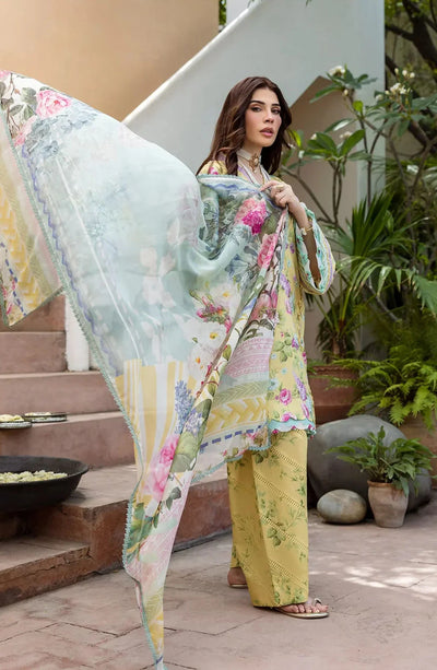 Yellow Floral Printed Lawn 3-Pc Suit With Chiffon Dupatta