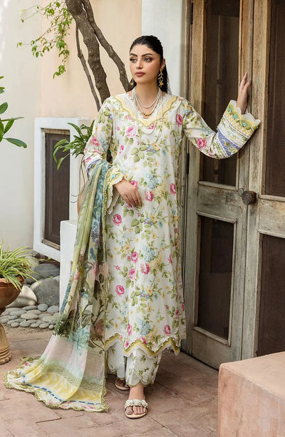 Green Floral Printed Lawn 3-Pc Suit With Chiffon Dupatta