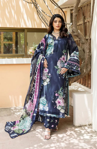 Blue Floral Printed Lawn 3-Pc Suit With Chiffon Dupatta