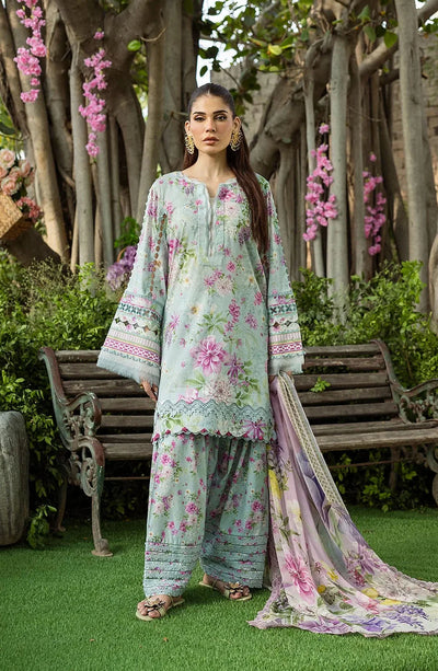 Green Floral Printed Lawn 3-Pc Suit With Chiffon Dupatta