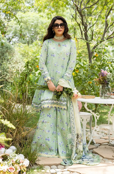 Green Floral Printed Lawn 3-Pc Suit With Chiffon Dupatta