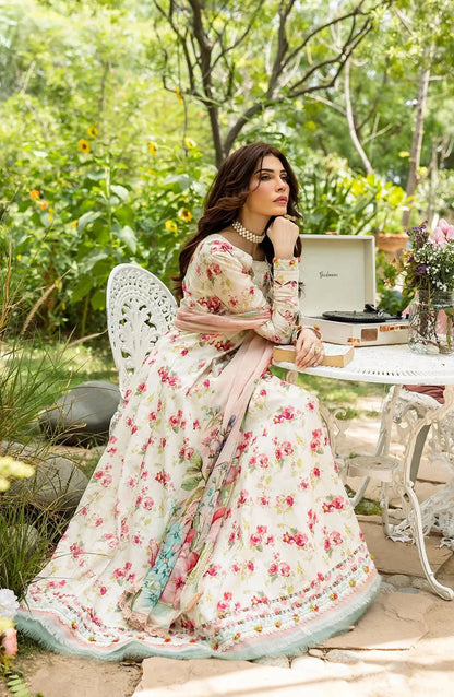 Elaf Printed Lawn 3 Piece Suit - ECD-2A IVORY PEONY - EL25PRN - Fawn - Summer Collection