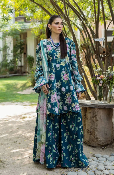 Green Floral Printed Lawn 3-Pc Suit With Chiffon Dupatta