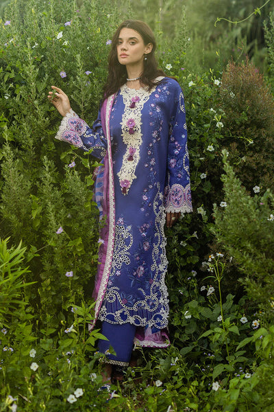 Deep Blue Floral Embroidered Lawn 3-Pc Suit With Silk Dupatta