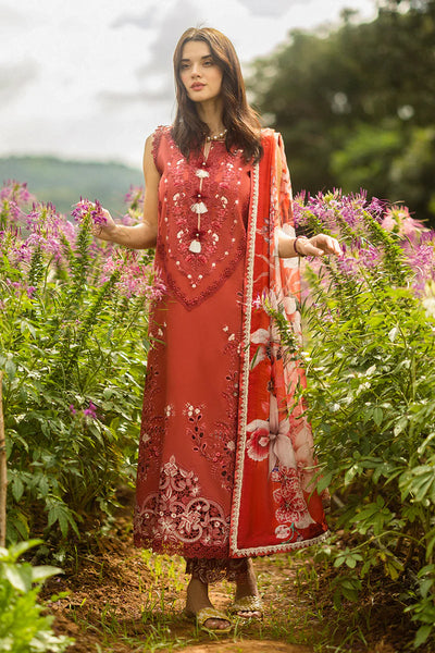 Burnt Orange Floral Embroidered Lawn 3-Pc Suit With Silk Dupatta