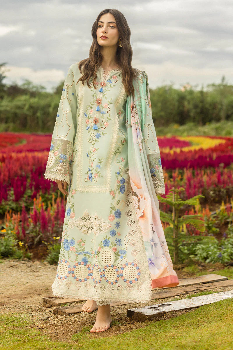 Mint Green Floral Embroidered Lawn 3-Pc Suit With Silk Dupatta