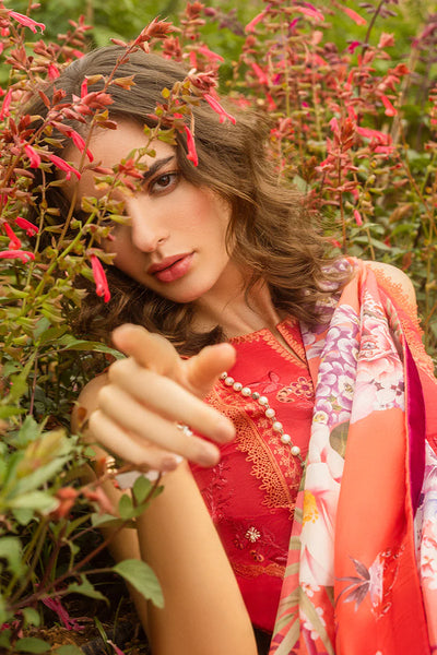 Red Floral Embroidered Lawn 3-Pc Suit With Silk Dupatta