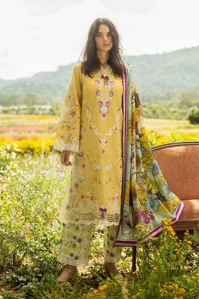 Mustard Yellow Floral Embroidered Lawn 3-Pc Suit With Silk Dupatta